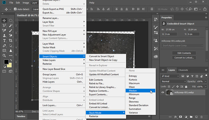 Reduce noise in Photoshop by stacking images