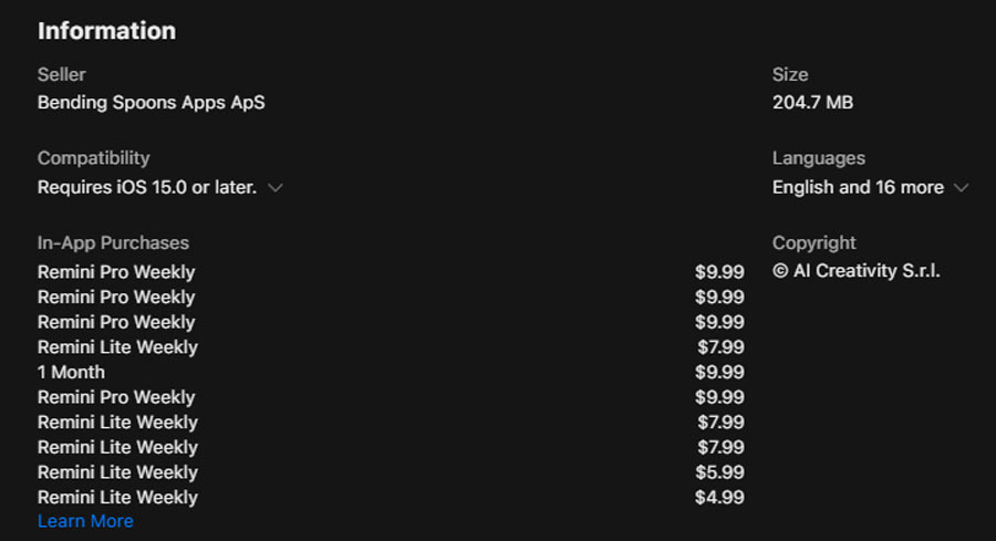 Remini photo enhancer pricing