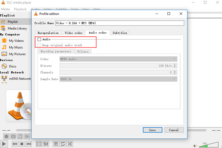 Disable audio in VLC