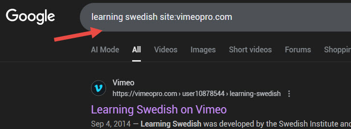 Use the search operator Site for Vimeopro list