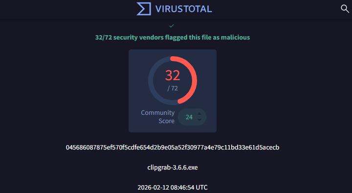 VirusTotal 32/72 detection ratio for ClipGrab