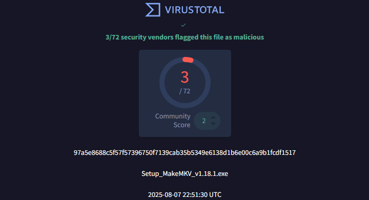 VirusTotal analysis for MakeMKV