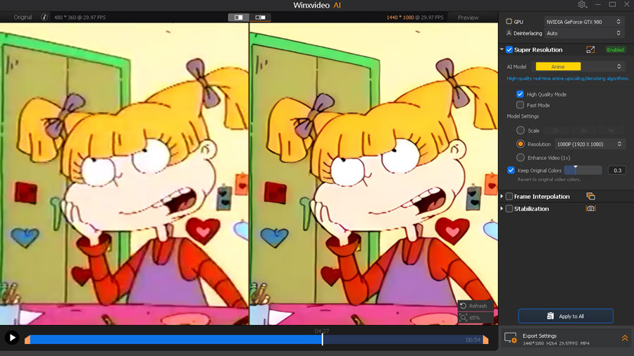 Winxvideo AI upscale 360p to hd anime