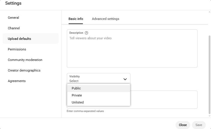 YouTube Studio Visibility Settings