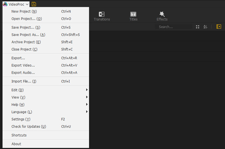 비디오프록 (VideoProc Vlogger) 메뉴