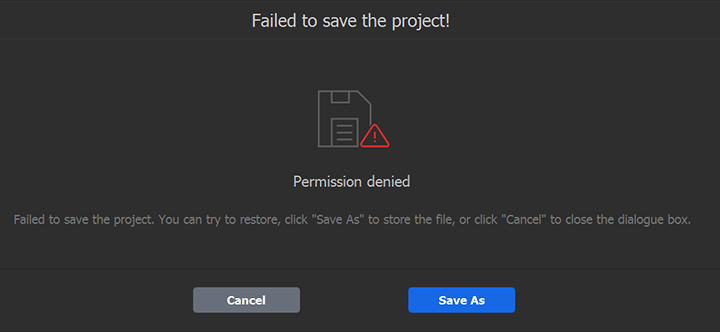 VideoProc Vlogger 提示儲存專案失敗