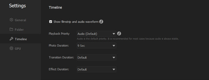 Timeline settings in VideoProc Vlogger