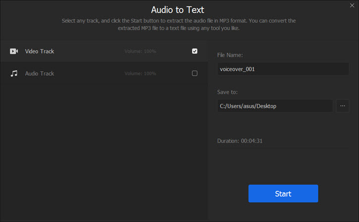 Audio to Text panel