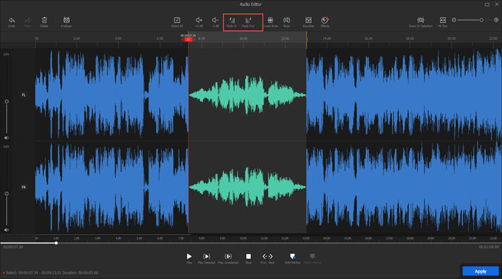 Audio editing toolbar - Fade In and Fade Out